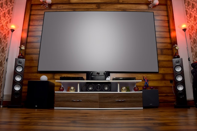 Smart home entertainment hub with a large media center.