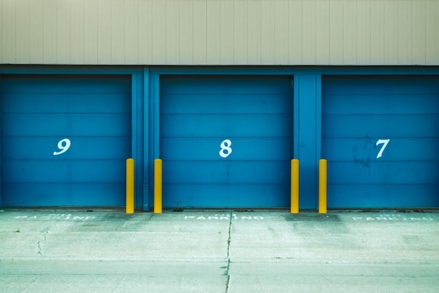 Blue, numbered storage unit doors